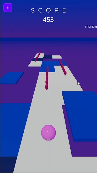 The pink ball on floating blue platforms in Roll Again
